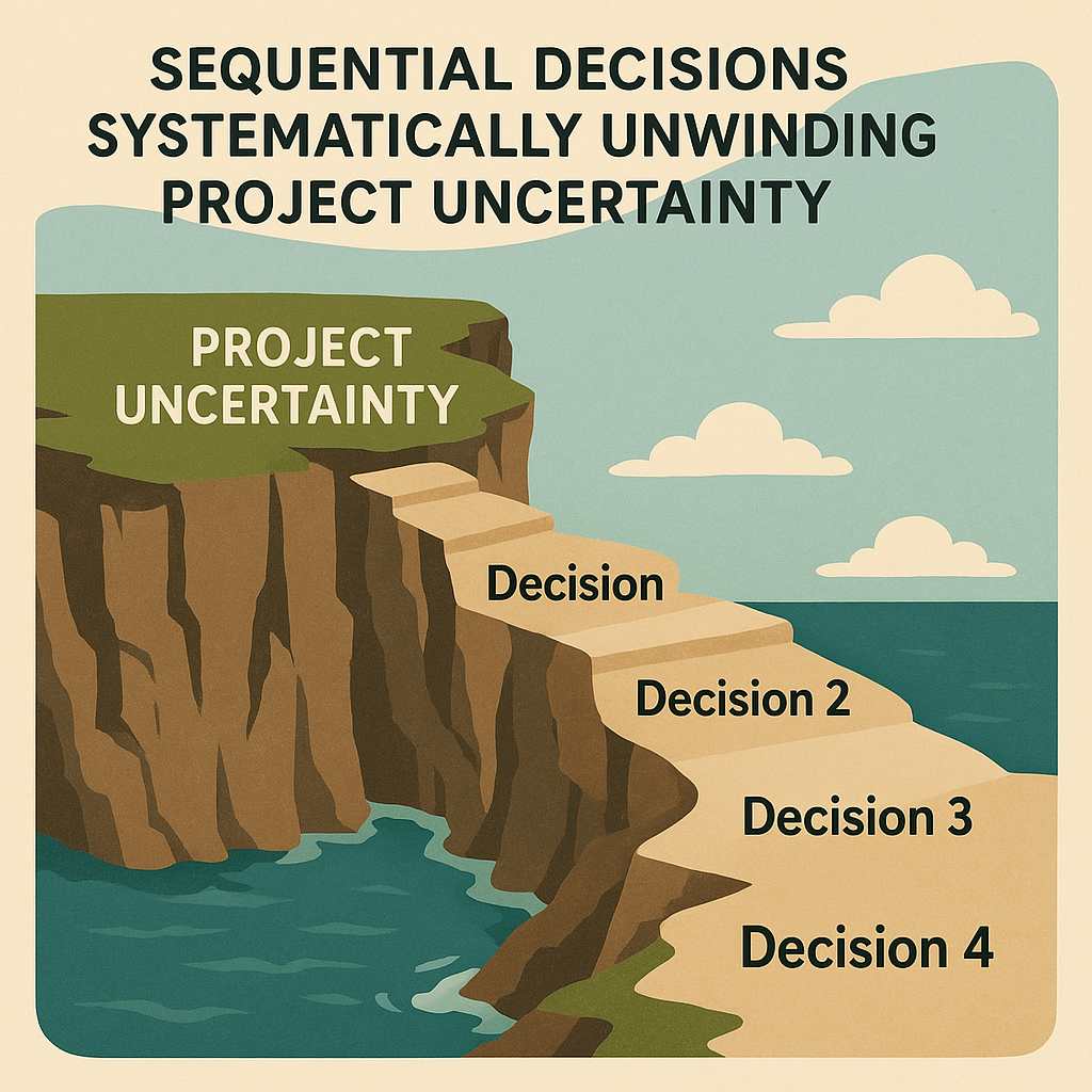 Existing emblem of successive decision steps descending through uncertainty