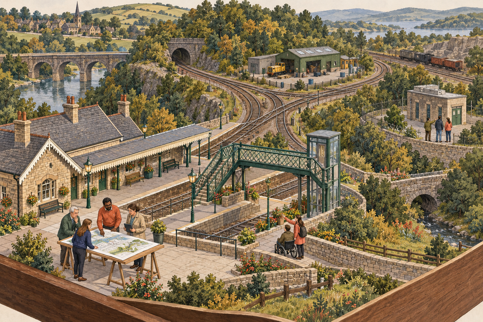 The invented Bracken Vale railway arranged like a tabletop landscape: a junction, accessible station, power upgrade and monitoring project, with a team discussing the work.