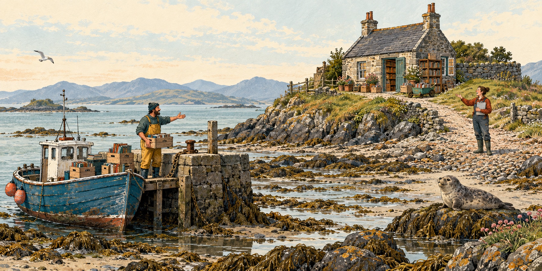 Books wait on a boat beside an island reading room while two coordinators consider the landing route; a seal watches from a rock.