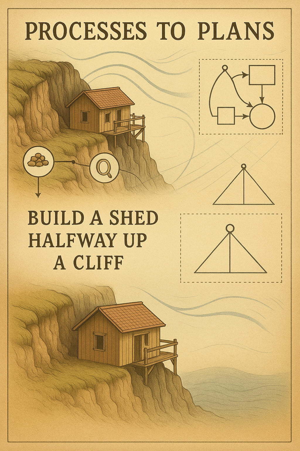 Illustrated cliffside timber refuge beside process and plan sketches