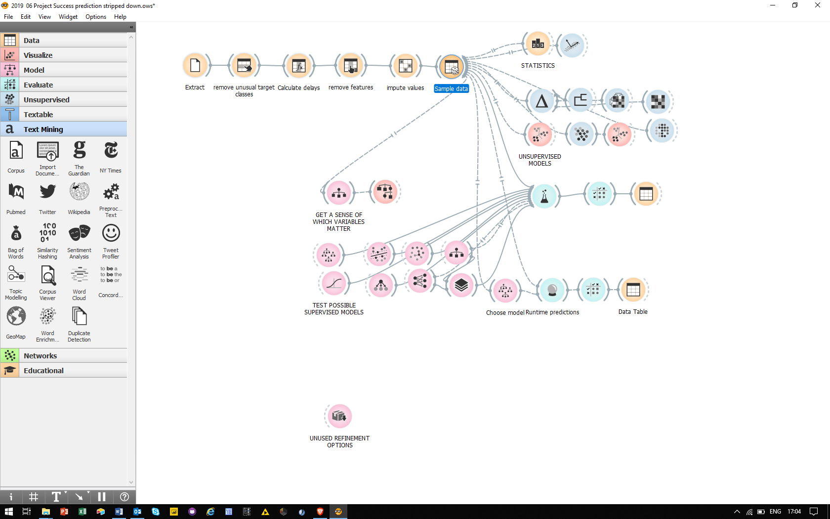 The original Orange canvas: data preparation across the top branches into statistics, visual exploration and comparison of classifiers, with a separate runtime-prediction branch.