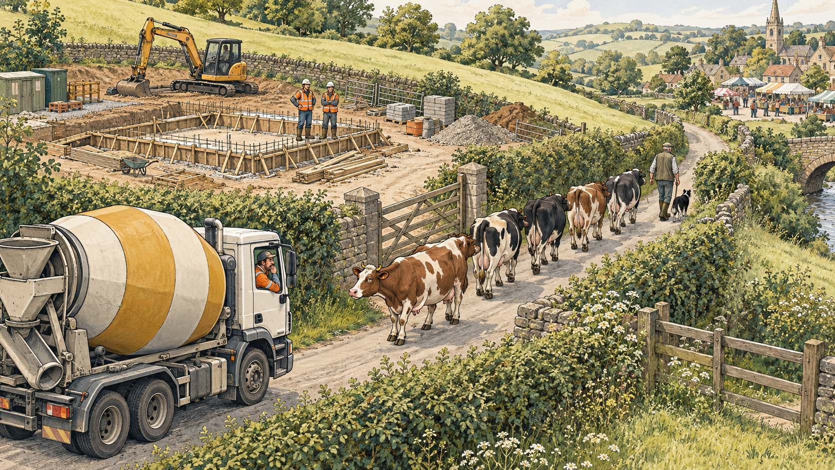 A concrete mixer waits while cows take the shared farm lane
