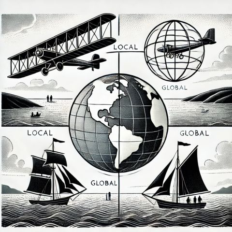 Monochrome illustration juxtaposing local vehicles and global navigation