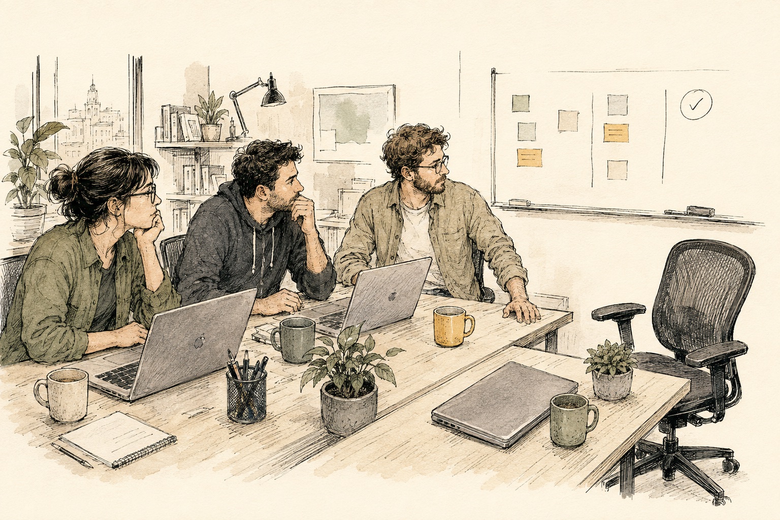 Three developers pause at their laptops beside an empty colleague’s chair.